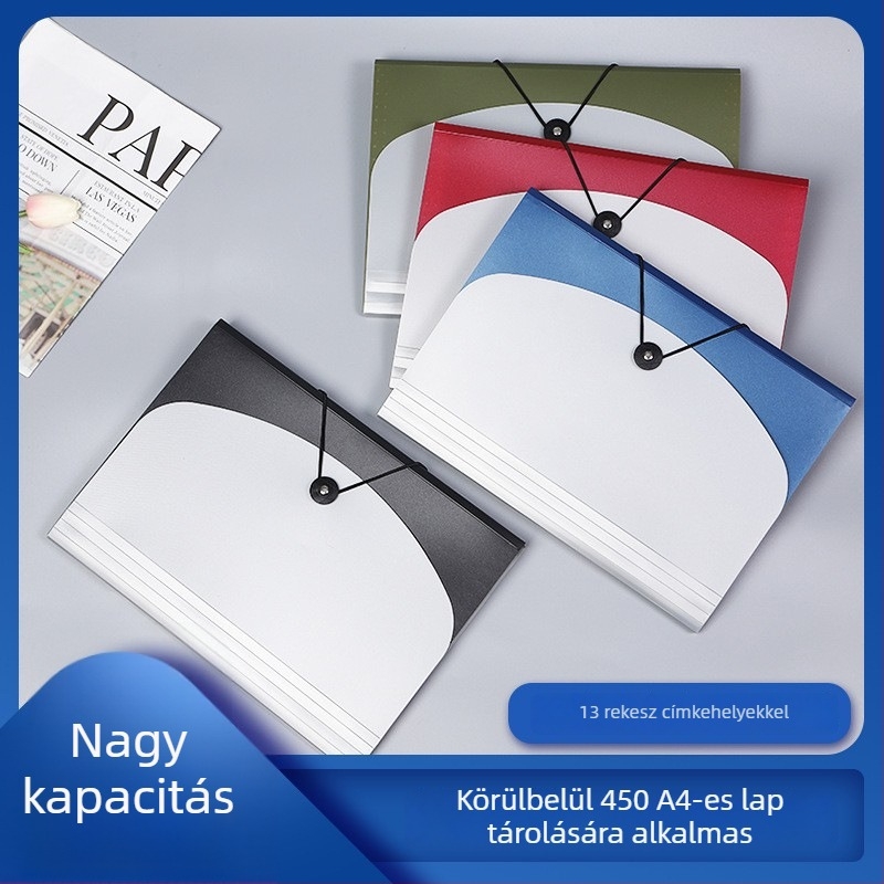 A4-es méretű 13 rekeszes akordeon mappa csattal és gumis pánttal a diákok dokumentumainak tárolására