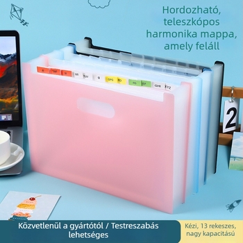 Függőleges, többrekeszes accordion mappa kézben hordozható, vizsgafeladatok és dokumentumok rendezésére, nagy kapacitású, A4 méretű.