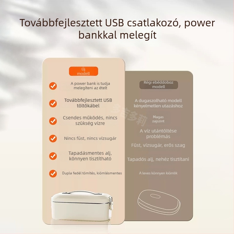 1 literes elektromos ebédes doboz melegítéssel, hálózati csatlakozással, belső tartály rozsdamentes acélból, levehető belső rész, munkahelyi étel melegítésére, párolásra és nyári használatra az autóban.