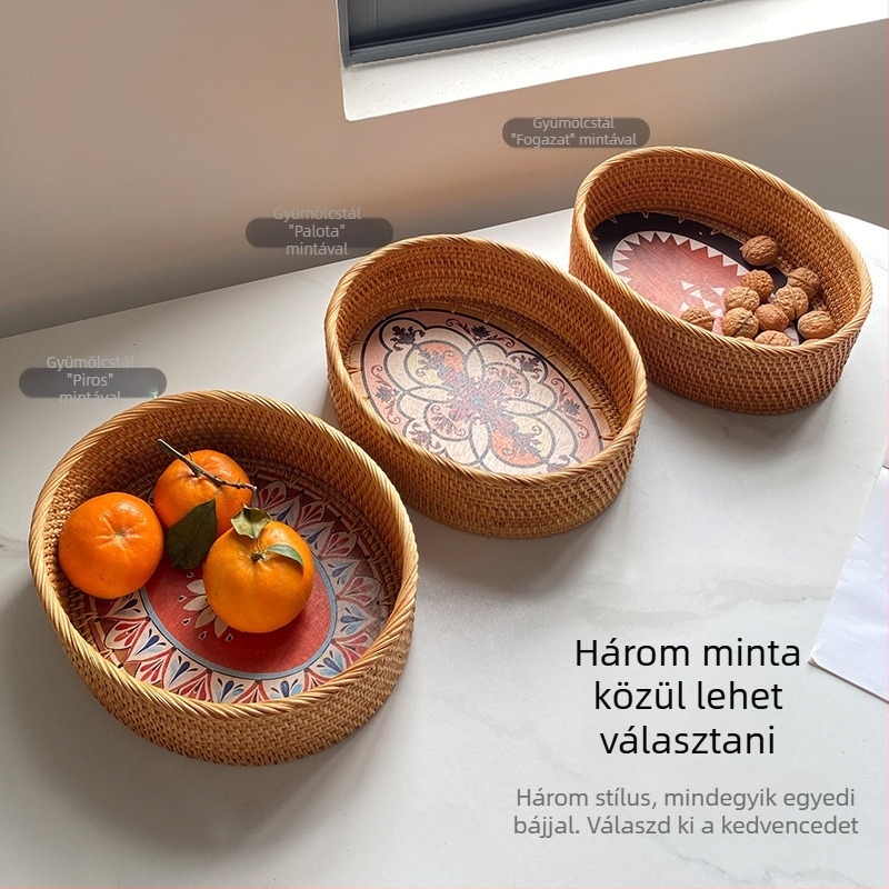 Skandináv stílusú ovális rattan kávéasztal nyomtatott mintával és tároló kosárral a nappaliba – gyümölcstál