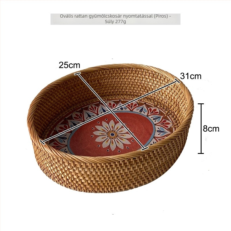 Skandináv stílusú ovális rattan kávéasztal nyomtatott mintával és tároló kosárral a nappaliba – gyümölcstál