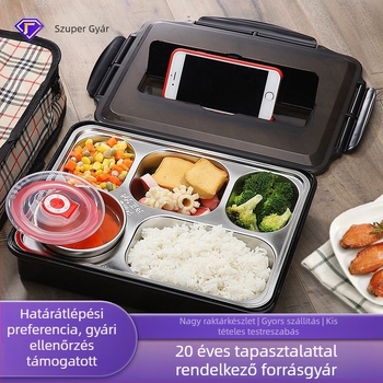 304 rozsdamentes acél termoszos ebédes doboz, négyzet alakú, hordozható, rekeszekkel és szorosan záródó fedéllel, mikrohullámú sütőben használható