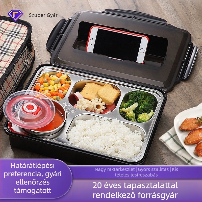 304 rozsdamentes acél termoszos ebédes doboz, négyzet alakú, hordozható, rekeszekkel és szorosan záródó fedéllel, mikrohullámú sütőben használható