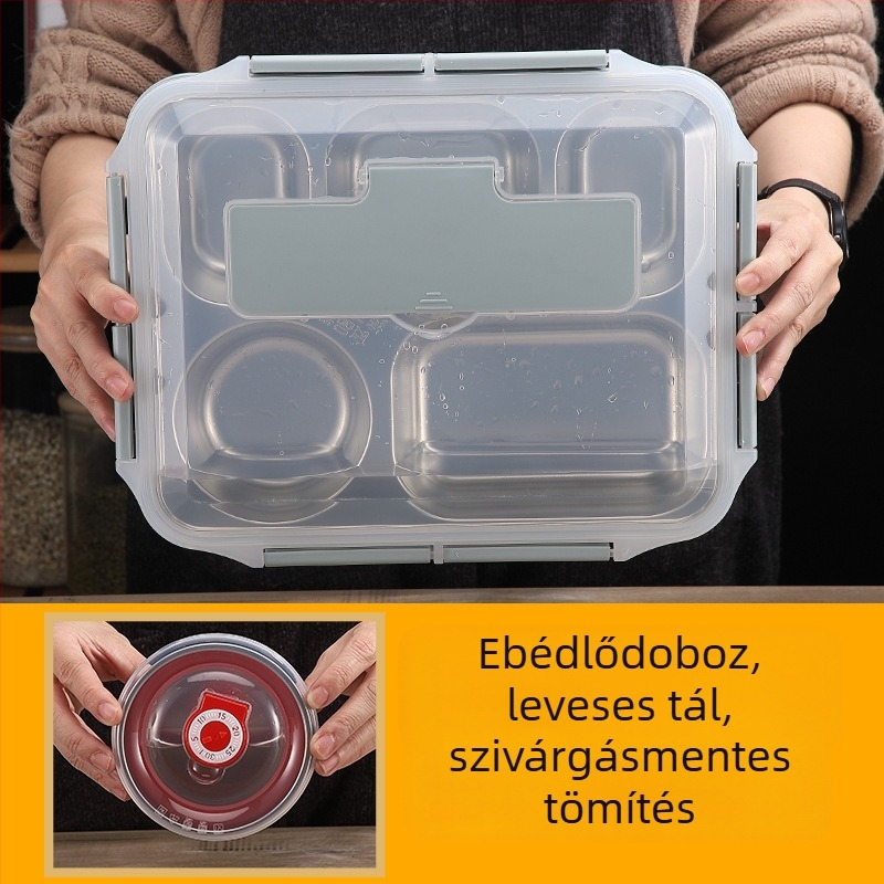 304 rozsdamentes acél termoszos ebédes doboz, négyzet alakú, hordozható, rekeszekkel és szorosan záródó fedéllel, mikrohullámú sütőben használható