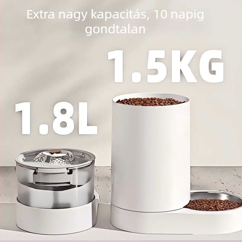 Automatikus háziállat etető és vízadagoló, hálózatra kötött, macskák és kutyák számára, száraz és nedves elválasztású tál, kettő az egyben