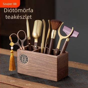Diófából készült teaceremónia készlet — Hat úriember, teafelszerelés, teázóasztal-kiegészítők, teáskés, teázó csipesz