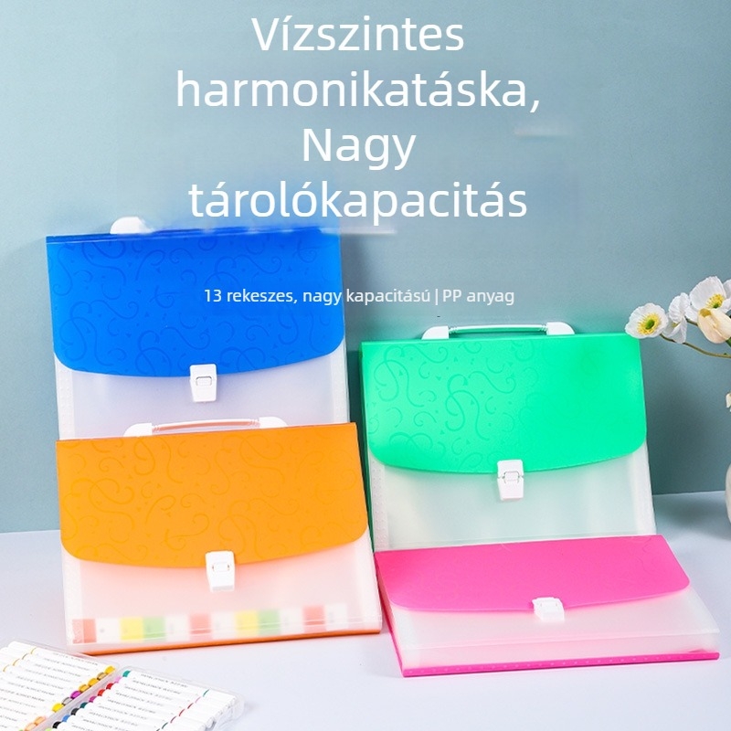 A4 méretű hordozható akordeon mappa, 13 rekesz, dokumentumok tárolására