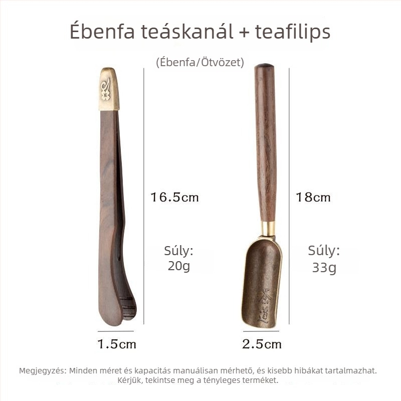 Abanófa teás kiegészítők készlet: teazáró klip, teáskanál, teáskés, teafogó kendő, tealevél-klip, csipesz és teakészítéshez szükséges eszközök
