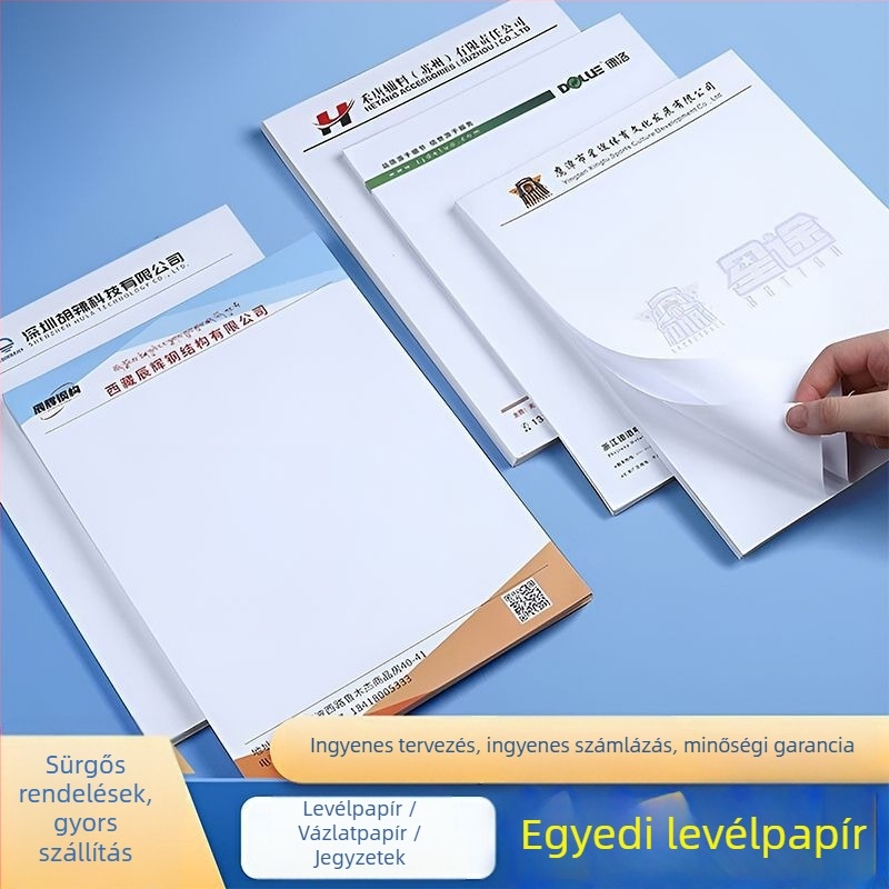 Logóval ellátott egyedi levélpapír, vállalati irodai kellékek, A4/A5 formátumú vázlatpapírok, hivatalos dokumentumok, brosúra címkék, jegyzetek