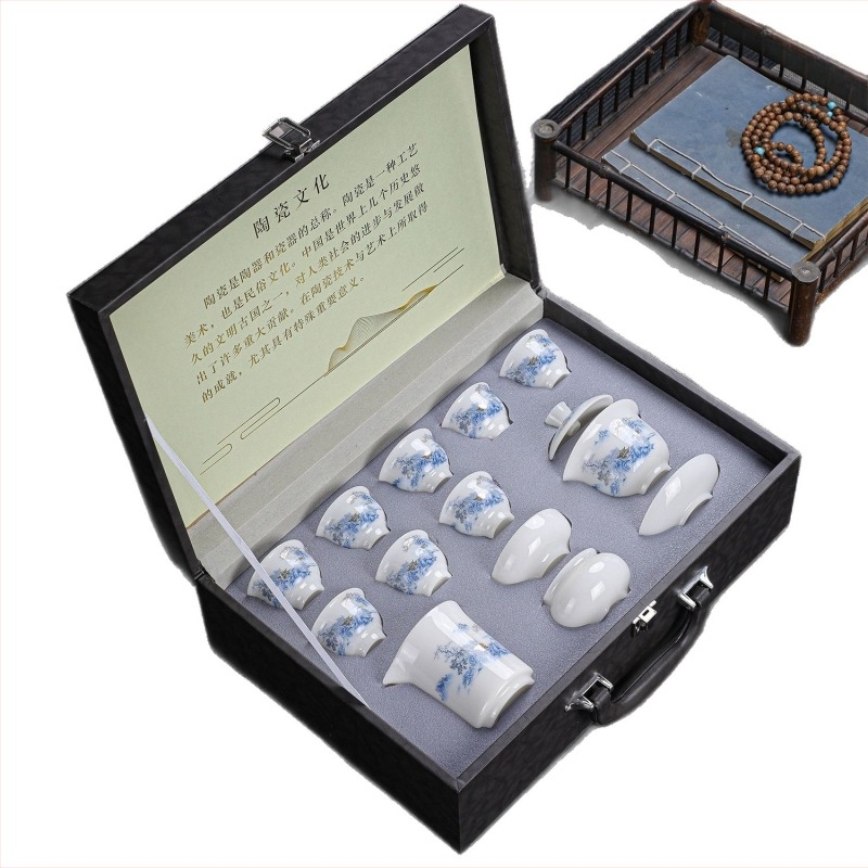 Jég-típusú jade gaiwan Dehua fehér porcelán decal mintával, Gong fu teáskészlet