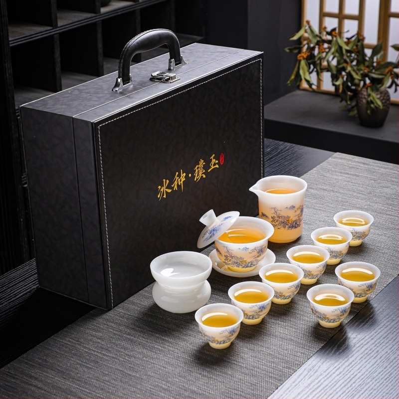 Jég-típusú jade gaiwan Dehua fehér porcelán decal mintával, Gong fu teáskészlet