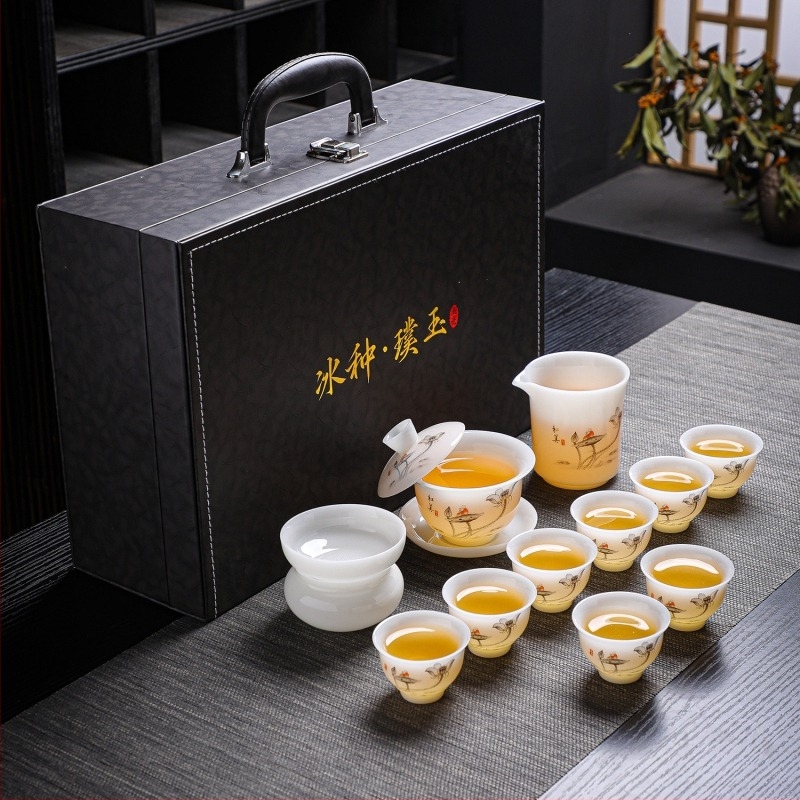 Jég-típusú jade gaiwan Dehua fehér porcelán decal mintával, Gong fu teáskészlet