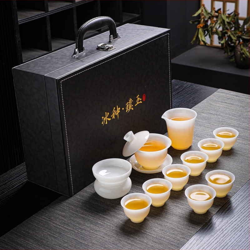 Jég-típusú jade gaiwan Dehua fehér porcelán decal mintával, Gong fu teáskészlet