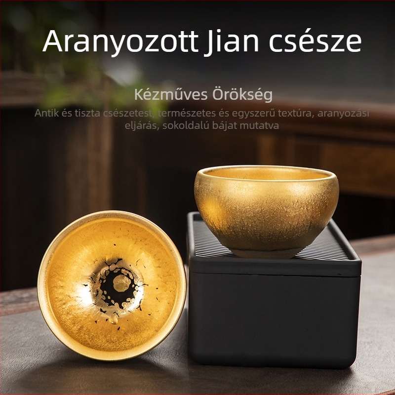Jianzhan 24k arany olajcsepp teáscsésze, Jianyang vasból készült testű kerámia aranyozással, ajándékdobozban