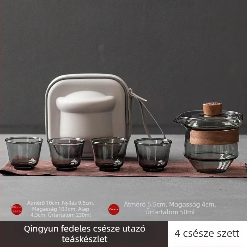 Hőálló üvegből készült teáskészlet fedéllel és teáscsésze – hordozható utazáshoz