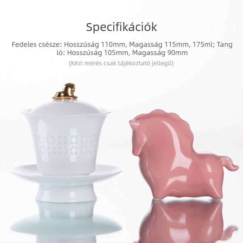 De Ding 2026 A ló éve - Háromrészes gaiwan porcelánból otthoni teázáshoz, tea-pet dísz, zodiákus év emlékajándék