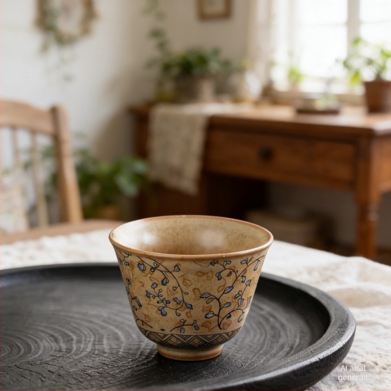 Ősi kerámia teáscsésze összetekert lótusz motívummal – személyes használatra, retro porcelán Kung-Fu teához, egy csésze