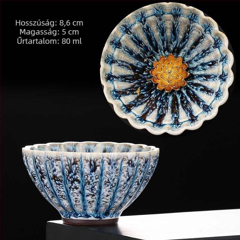Kerámia teáscsésze páva glazúrral, vintage lotus mintával, egyetlen teáscsésze