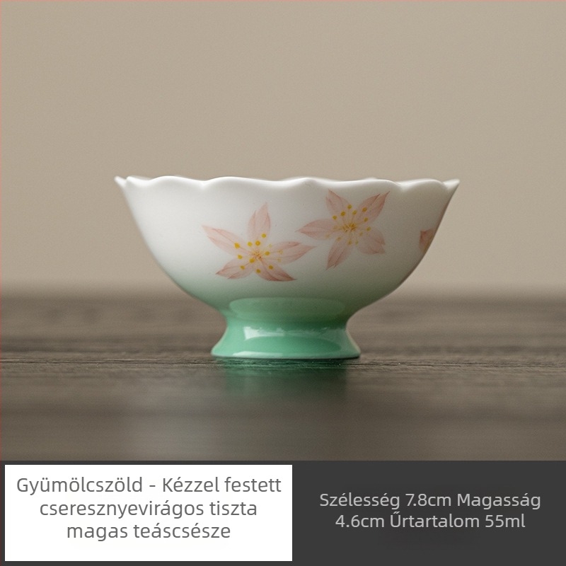 Kézzel festett porcelán teáscsésze Gongfu teához, cseresznyefavirág motívummal, kis kóstolócsésze, irodalmi stílusú, aromás egyedi csésze