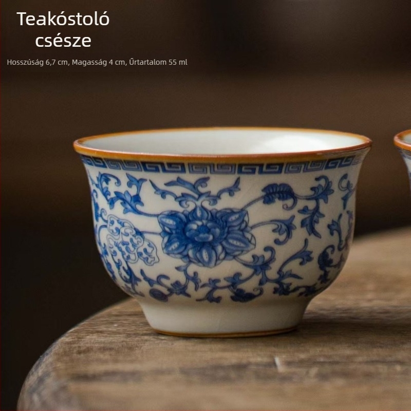 Kék-fehér Ru-kiln lotusos motívummal, nagy porcelán teáscsésze Gongfu teához