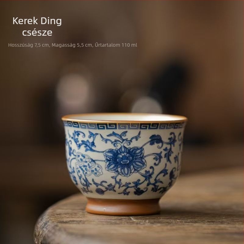 Kék-fehér Ru-kiln lotusos motívummal, nagy porcelán teáscsésze Gongfu teához