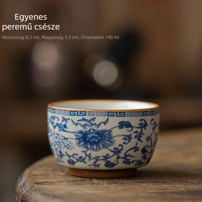 Kék-fehér Ru-kiln lotusos motívummal, nagy porcelán teáscsésze Gongfu teához