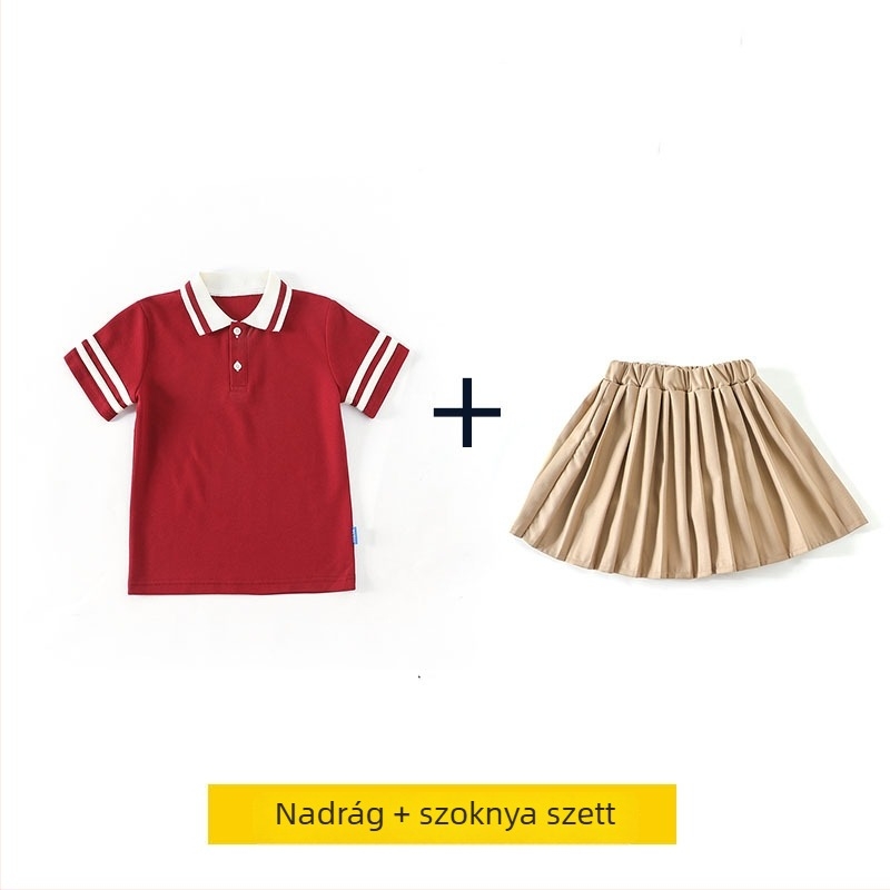 Brit stílusú nyári iskolai egyenruha általános iskolások számára, rövid ujjú, két részes készlet, piros