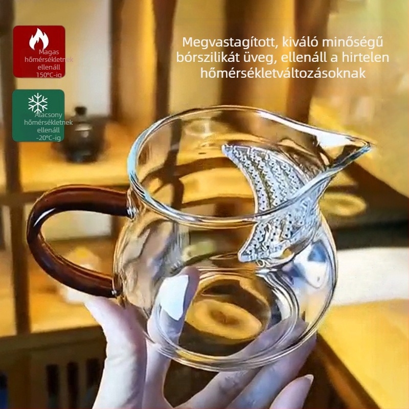 Gongfu teás csésze, magas hőálló boroszilikát üvegből, integrált szűrővel és tea szeparátorral, nyílt lángon használható, szivárgásmentes