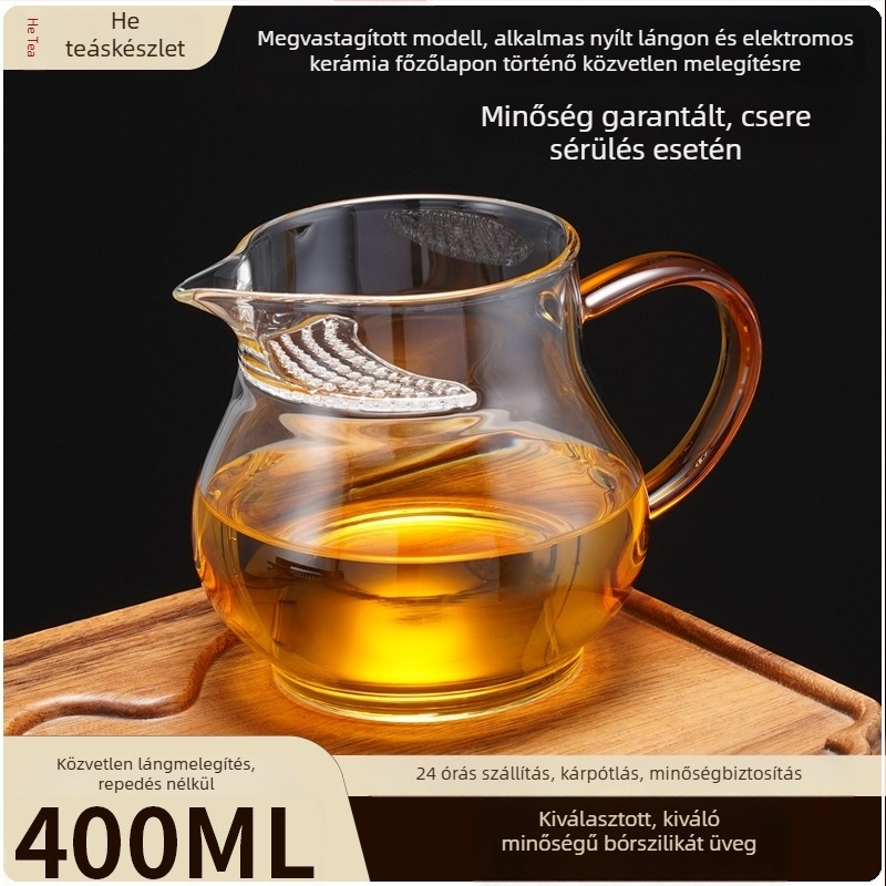 Gongfu teás csésze, magas hőálló boroszilikát üvegből, integrált szűrővel és tea szeparátorral, nyílt lángon használható, szivárgásmentes