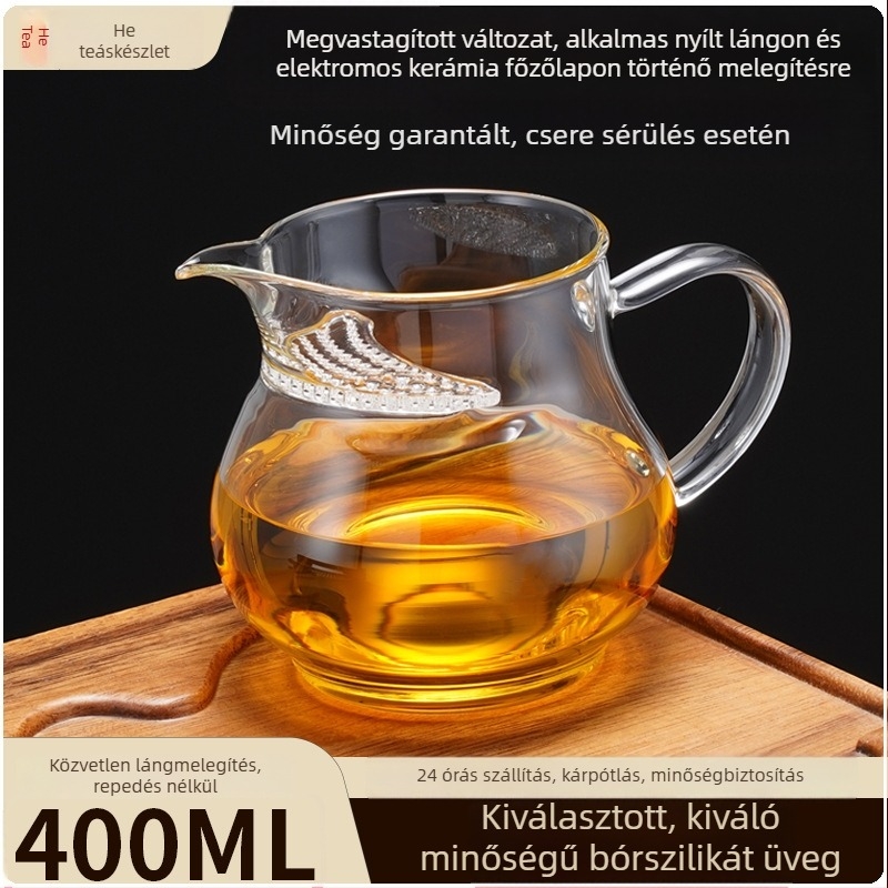 Gongfu teás csésze, magas hőálló boroszilikát üvegből, integrált szűrővel és tea szeparátorral, nyílt lángon használható, szivárgásmentes
