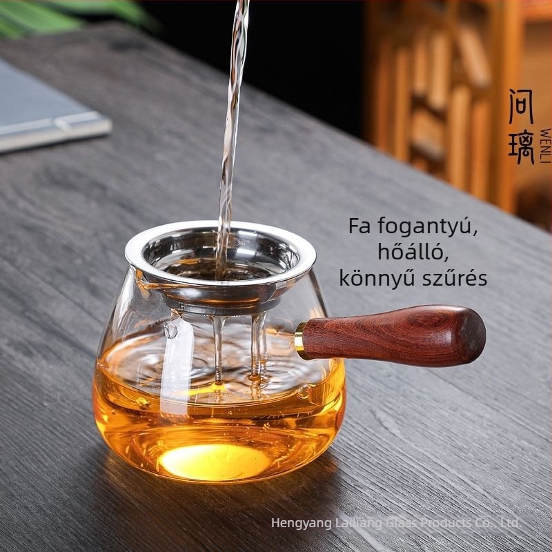 Üveg oldalsó fogantyúval és fa fogantyúval ellátott pohár, egyenletes elosztású készlet Kung-Fu teához, átlátszó teakezelő edény