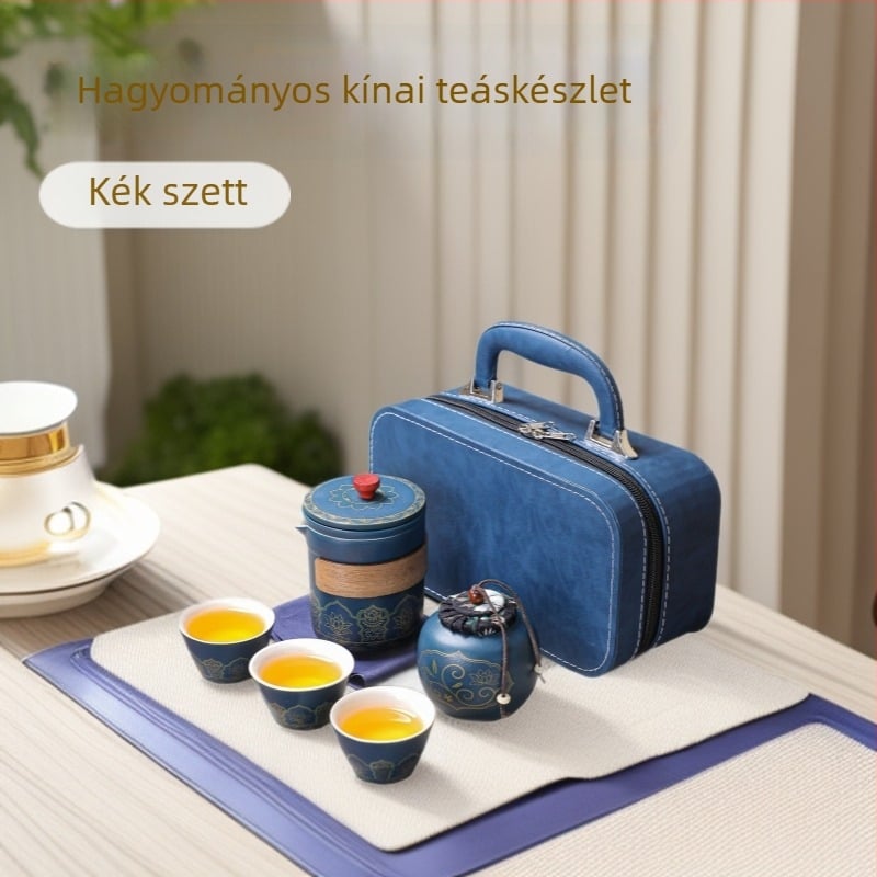 Porcelánból készült utazó teáskészlet kék bőrtáskával, ősi kínai stílusban, kültéri használatra