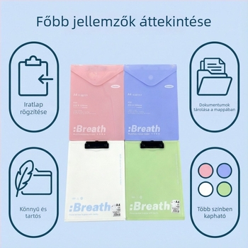 A4-es dokumentumok rendezője, erős csíptetővel és panelzárral; irodai és diák használatra; PP polipropilén