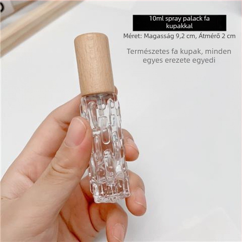 10 ml hordozható retro parfüm üveg, átlátszó üveg, fa fedél, permetező