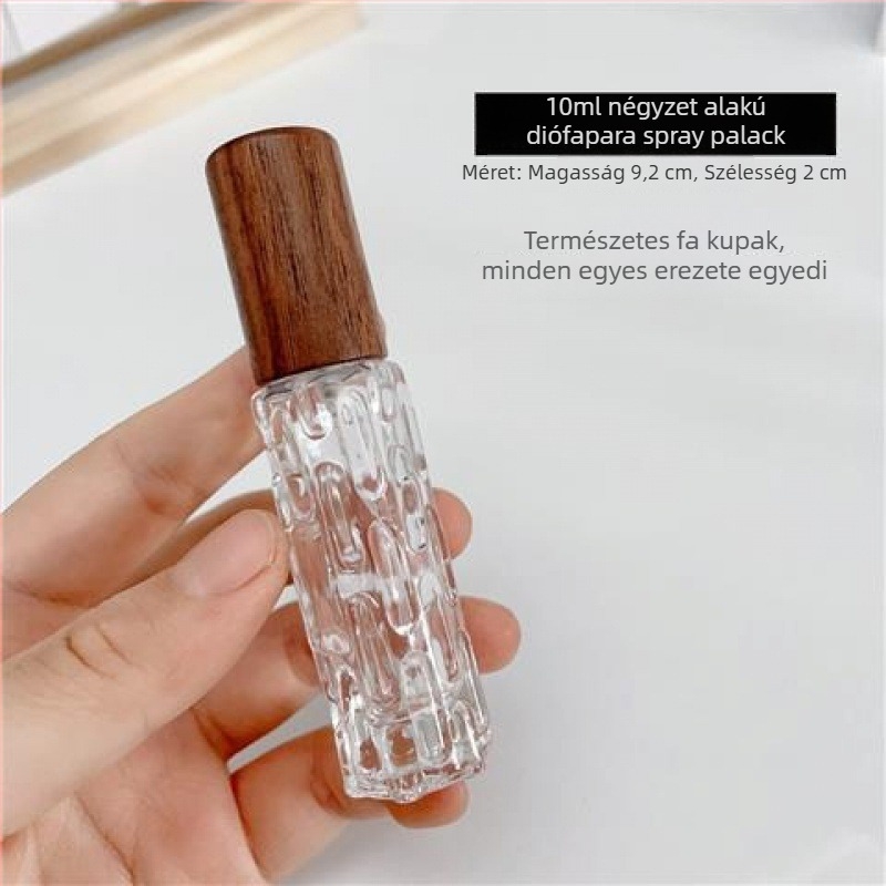 10 ml hordozható retro parfüm üveg, átlátszó üveg, fa fedél, permetező