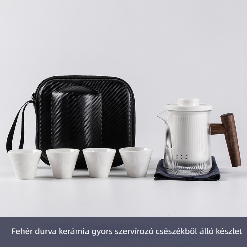 Kültéri kerámia teáskanna négy csészével – hordozható utazási teakészlet négy személyre, égésvédelmi funkcióval