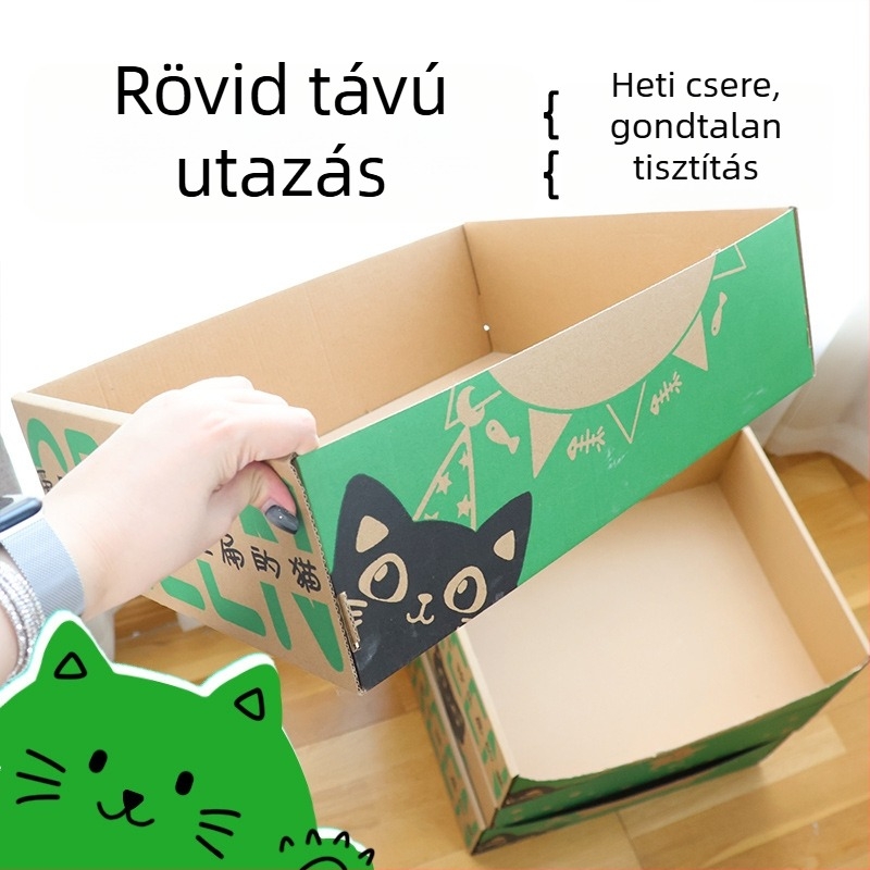 Nagy méretű egyszer használatos macskatatoalett, összecsukható hullámkartonból, félig zárt kialakítás, fröccsenés elleni védelemmel