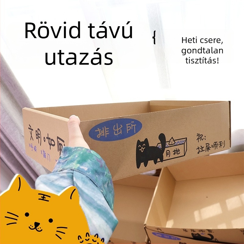 Nagy méretű egyszer használatos macskatatoalett, összecsukható hullámkartonból, félig zárt kialakítás, fröccsenés elleni védelemmel