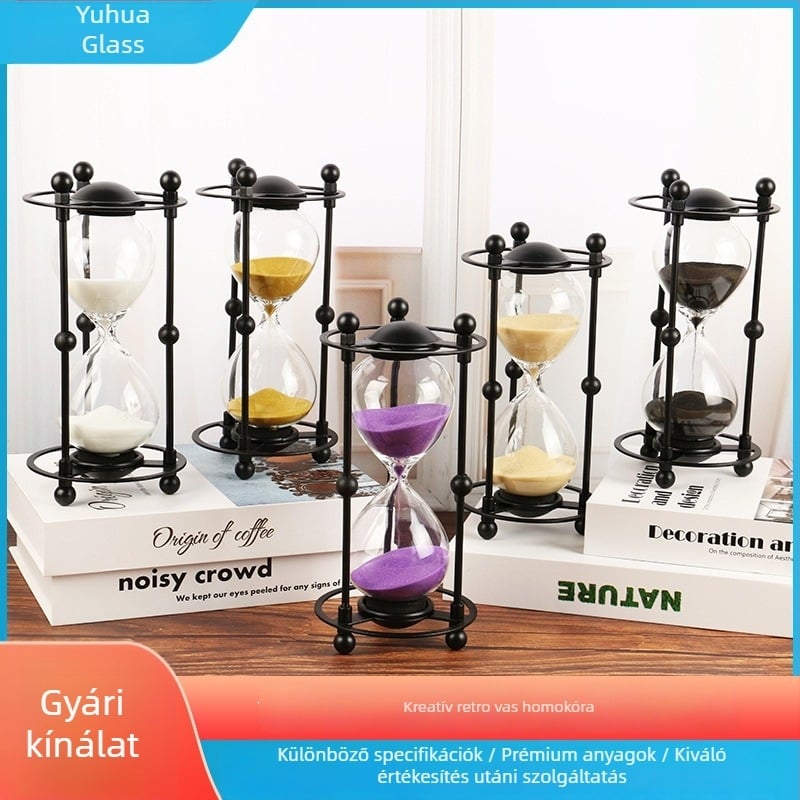 Üveg asztali homokóra, modern-minimalista dísz, retro vas-arte, 15 perces időmérő, ideális ajándék
