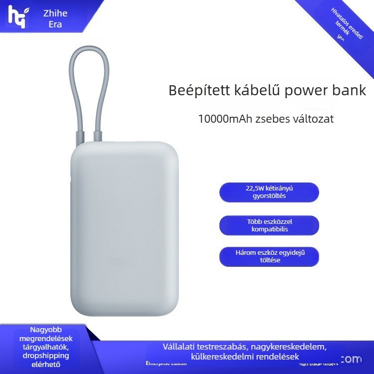Beépített kábeles power bank, 10000mAh, zsebméret, 22,5W gyorstöltés, kreatív dizájn