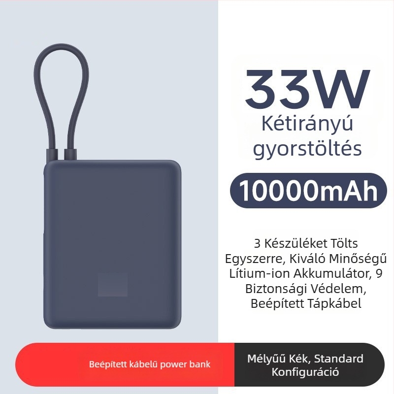 Beépített kábeles power bank, 10000mAh, zsebméret, 22,5W gyorstöltés, kreatív dizájn