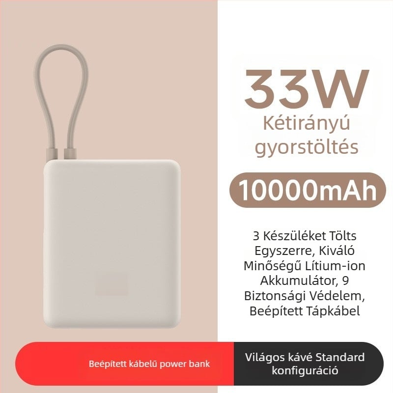 Beépített kábeles power bank, 10000mAh, zsebméret, 22,5W gyorstöltés, kreatív dizájn