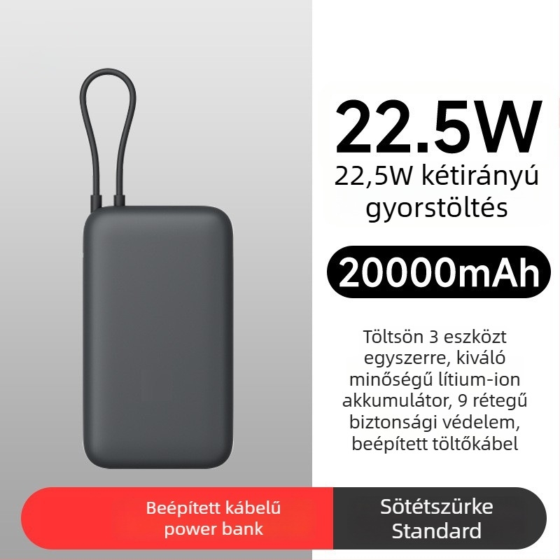 Beépített kábeles power bank, 10000mAh, zsebméret, 22,5W gyorstöltés, kreatív dizájn
