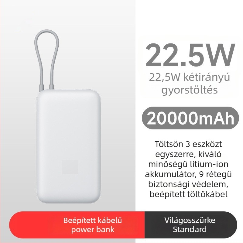 Beépített kábeles power bank, 10000mAh, zsebméret, 22,5W gyorstöltés, kreatív dizájn