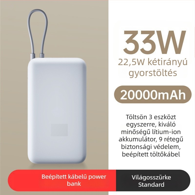 Beépített kábeles power bank, 10000mAh, zsebméret, 22,5W gyorstöltés, kreatív dizájn