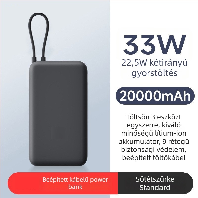 Beépített kábeles power bank, 10000mAh, zsebméret, 22,5W gyorstöltés, kreatív dizájn