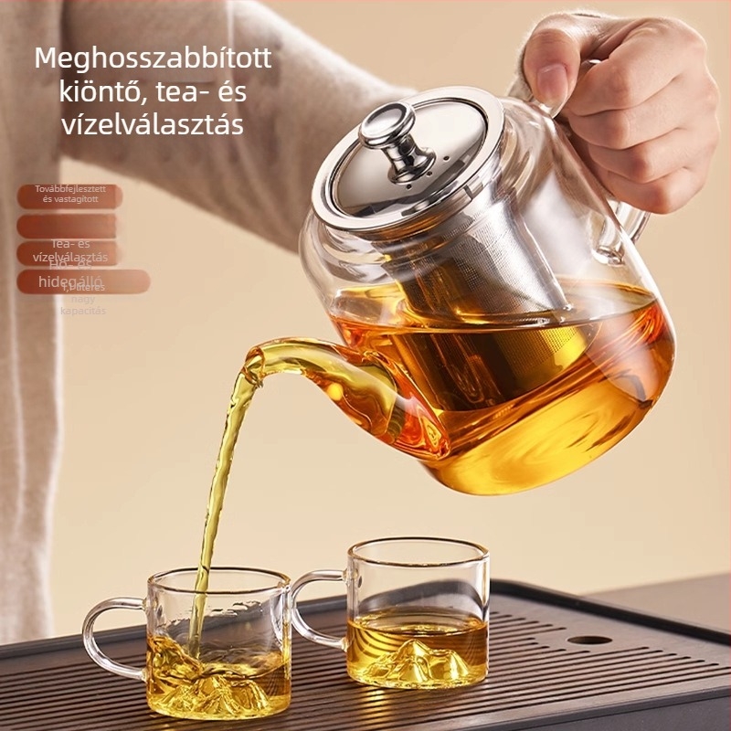 Nagy kapacitású üveg teáskanna otthoni használatra, tea és víz elválasztó rendszerrel, hőálló, vastított üveg