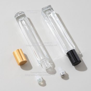 10 ml-es négyzetes, átlátszó üveg roller palack, vastag aljú – parfüm, kozmetika és illóolajok.