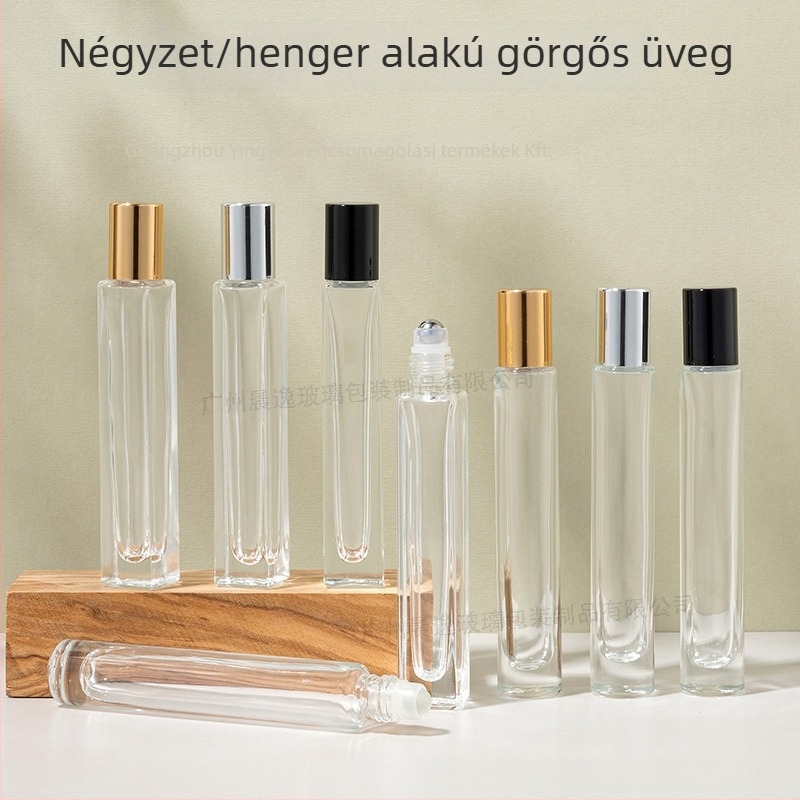 10 ml-es négyzetes, átlátszó üveg roller palack, vastag aljú – parfüm, kozmetika és illóolajok.