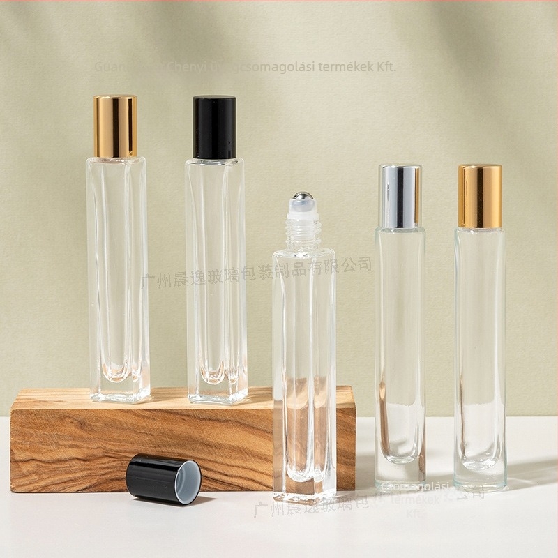 10 ml-es négyzetes, átlátszó üveg roller palack, vastag aljú – parfüm, kozmetika és illóolajok.